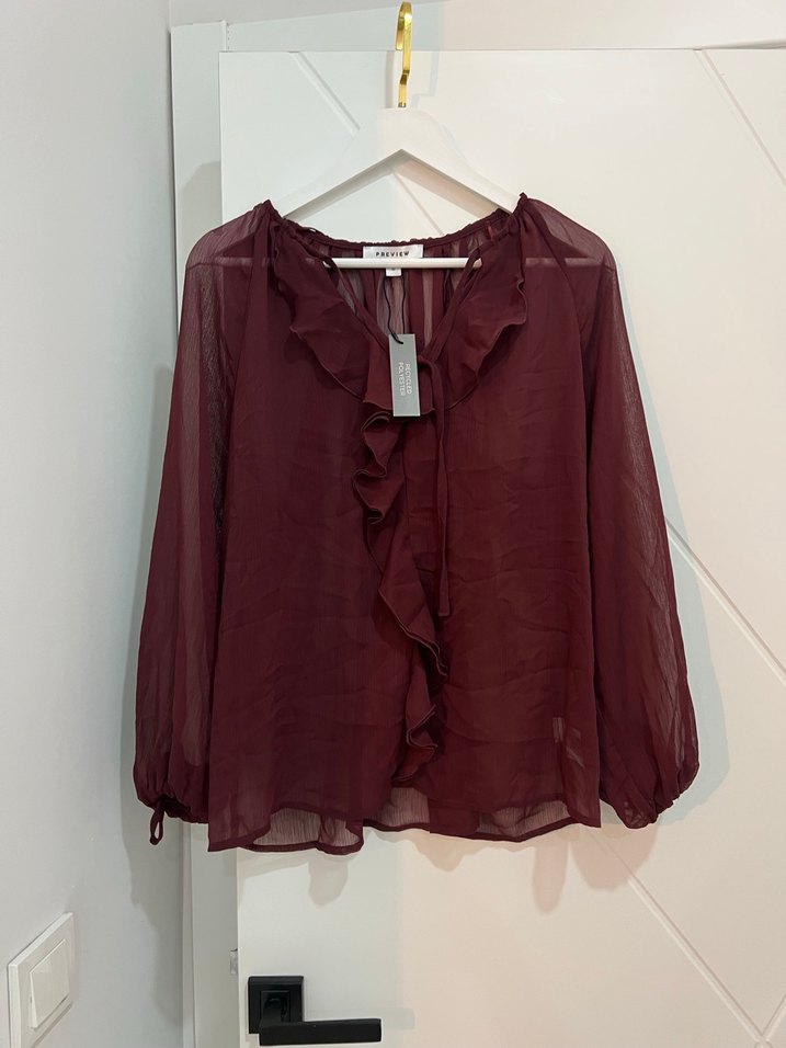 Bordo Fırfırlı Bohem V Yaka Kadın Bluz - Görsel 2