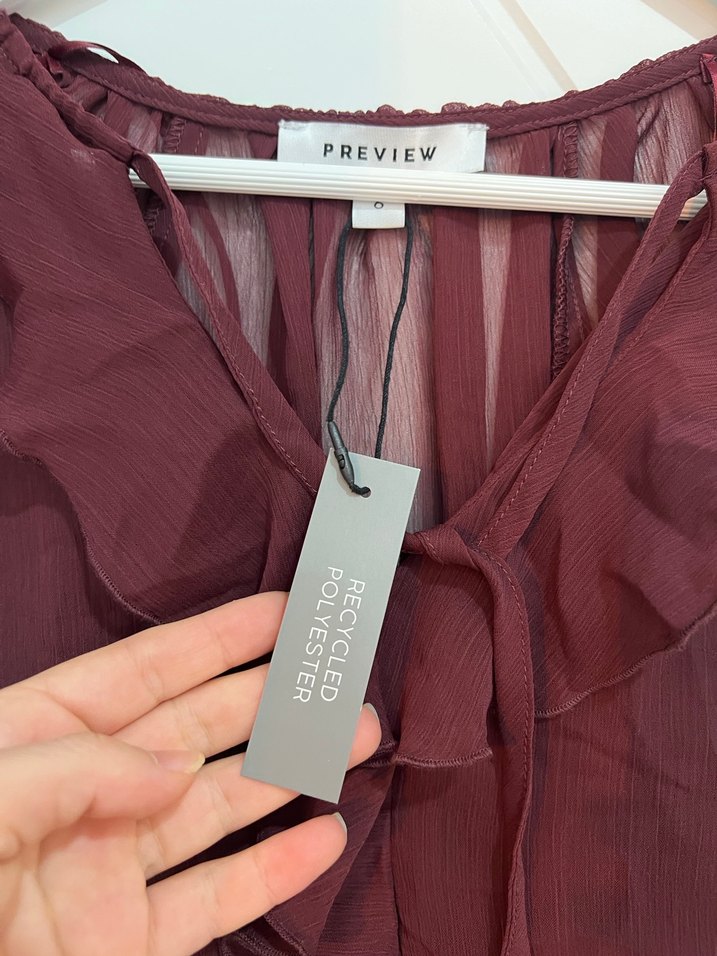 Bordo Fırfırlı Bohem V Yaka Kadın Bluz - Görsel 3