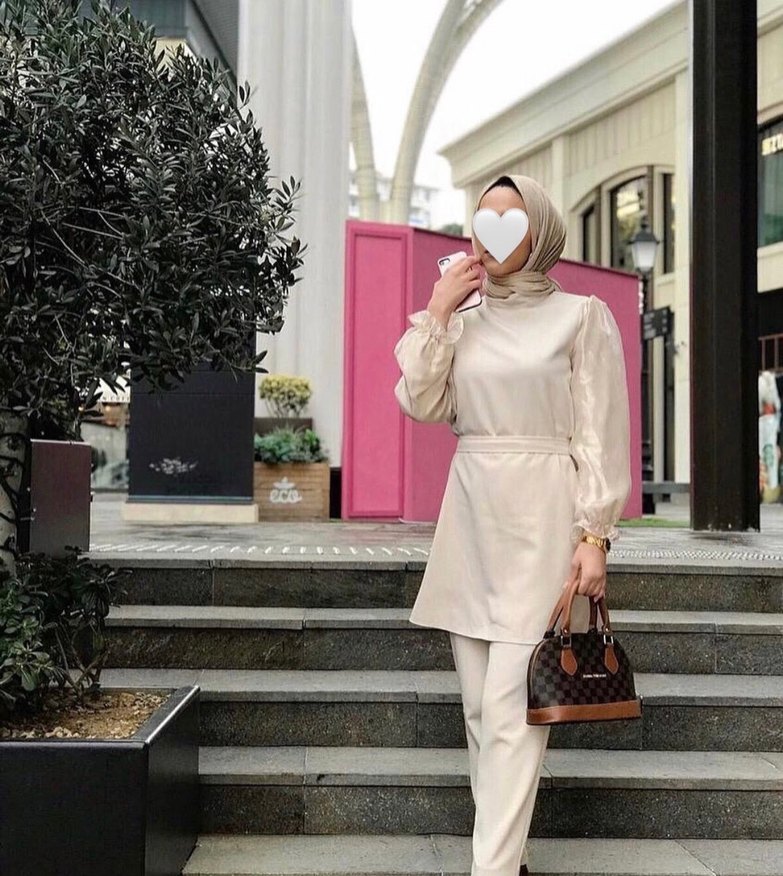 Şeffaf Kol Detaylı Camel Kadın Takım - Görsel 3