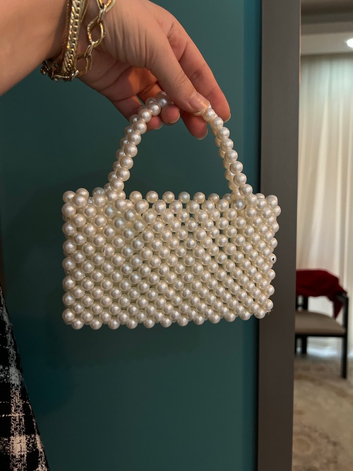 İnci İşlemeli Beyaz Vintage Kadın Çanta - Görsel 2
