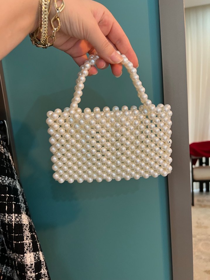 İnci İşlemeli Beyaz Vintage Kadın Çanta - Görsel 3