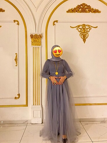 Gri tül dantelli  abiye - Görsel 2