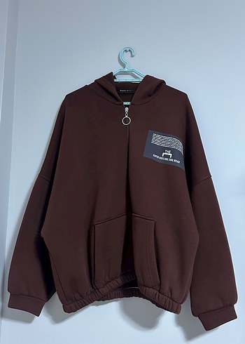 Kapüşonlu Fermuarlı Kahverengi Sweatshirt