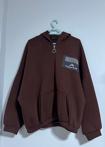 m Beden kahverengi Renk Kapüşonlu Fermuarlı Kahverengi Sweatshirt