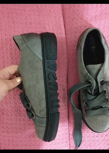 Gri Süet Kadın Spor Ayakkabı Velcro - Görsel 2