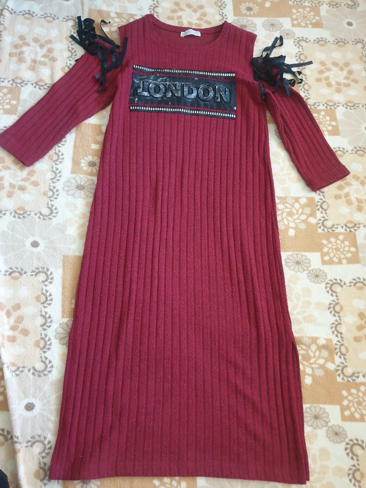 Bordo Triko Kadın Uzun Elbise - Görsel 2