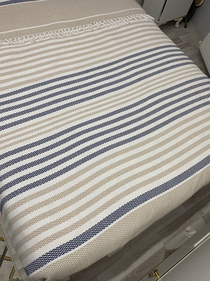 Bohem Çizgili Bej Gri Pike - Görsel 2