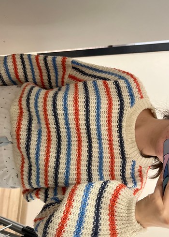 Çizgili Rahat Örgü Renkli Kadın Kazak - Görsel 3