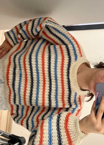 Çizgili Rahat Örgü Renkli Kadın Kazak - Görsel 4