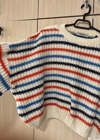 Çizgili Rahat Örgü Renkli Kadın Kazak - Görsel 2