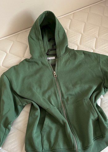 Kadın Kapüşonlu Fermuarlı Yeşil Sweatshirt oversize - Görsel 2