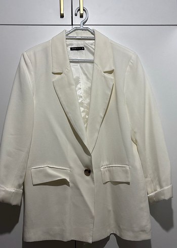 Düğmeli Beyaz Kadın Keten Blazer Ceket