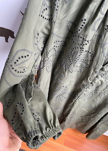 Nakışlı Keten Haki Hamile Bluzu - Görsel 4