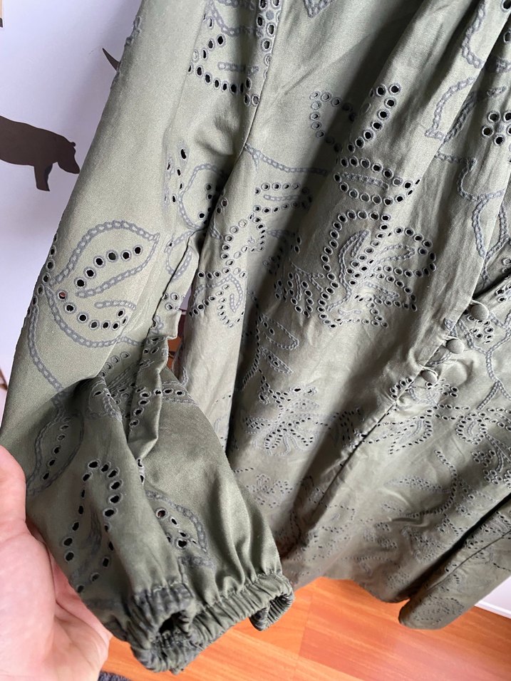 Nakışlı Keten Haki Hamile Bluzu - Görsel 4