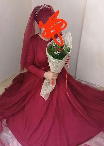 Bordo Uzun Kollu Drape Detaylı Nikah Elbisesi