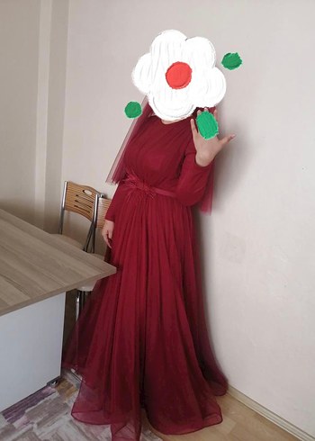 Diğer Bordo Uzun Kollu Drape Detaylı Nikah Elbisesi