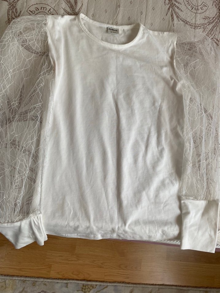 Kız Çocuk Beyaz Dantel Kollu Tişört - Görsel 3