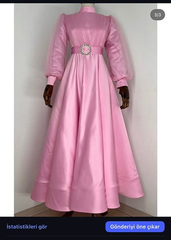 Pembe Drapeli Uzun Kollu Abiye Elbise