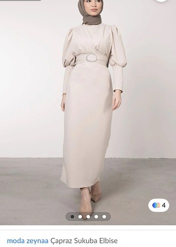 Bej Uzun Kollu Kemerli Kadın Elbise - Görsel 2