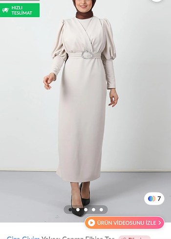 Bej Uzun Kollu Kemerli Kadın Elbise - Görsel 3