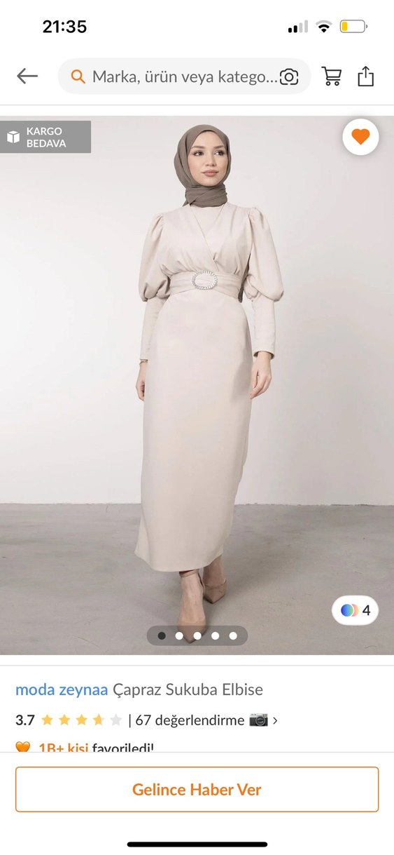 Bej Uzun Kollu Kemerli Kadın Elbise - Görsel 2