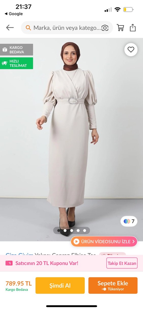 Bej Uzun Kollu Kemerli Kadın Elbise - Görsel 3