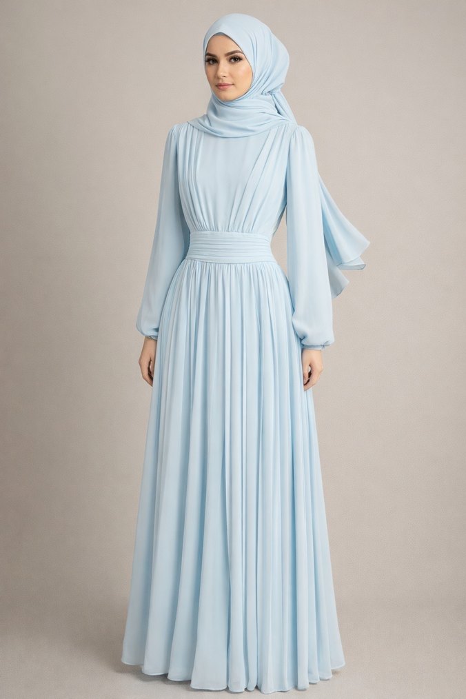 Mavi Uzun Kollu Pilili Abiye Elbise - Görsel 2