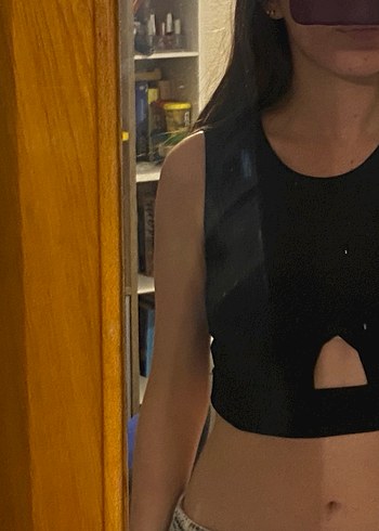 Siyah Kadın Crop Top, Düz Yaka, Kolsuz - Görsel 2