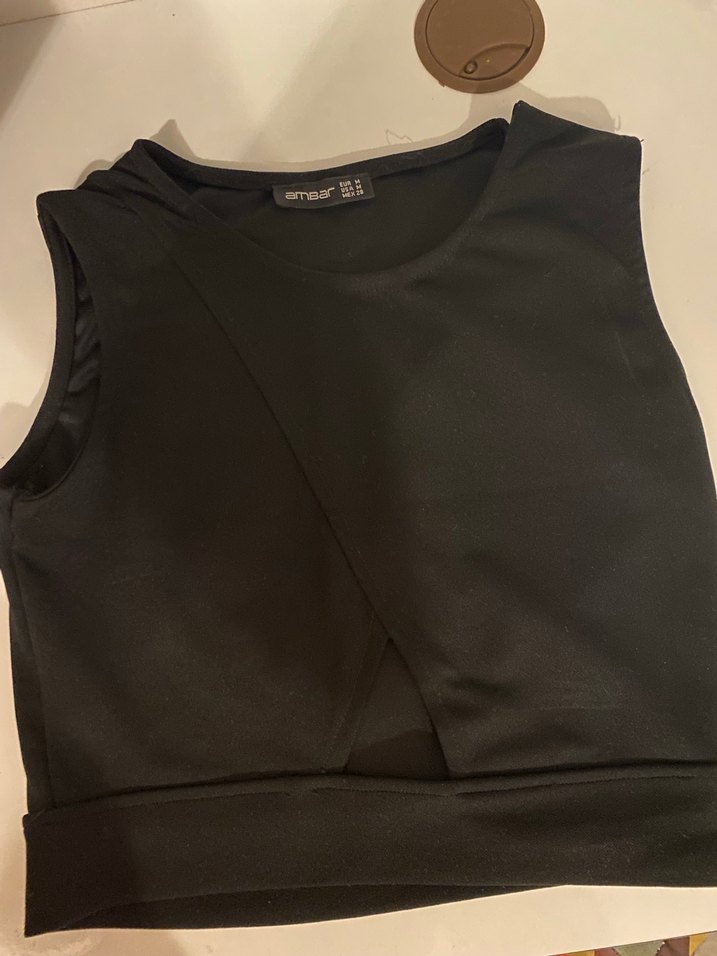 Siyah Kadın Crop Top, Düz Yaka, Kolsuz - Görsel 3