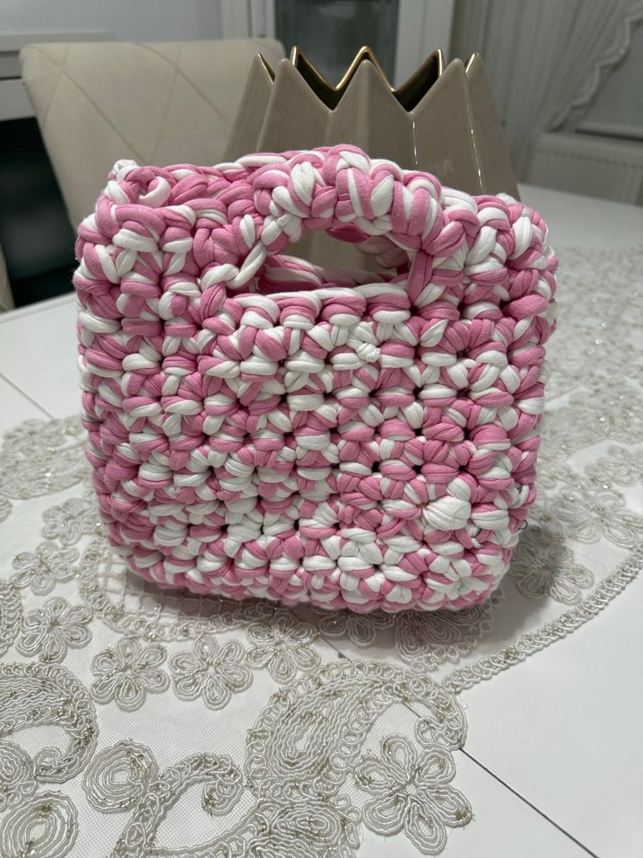 Pembe Beyaz Örgü Kadın Çanta - Görsel 2