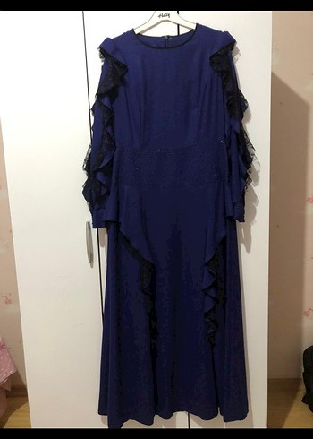 Lacivert Uzun Kollu  Kadın Abiye Elbise - Görsel 2