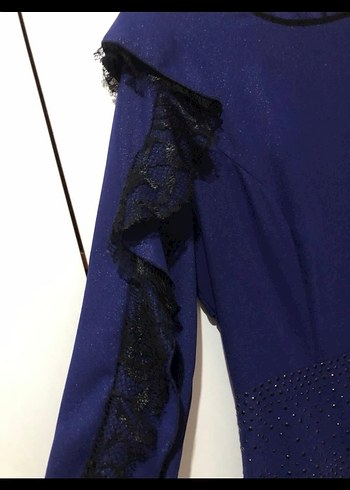 Lacivert Uzun Kollu  Kadın Abiye Elbise - Görsel 4