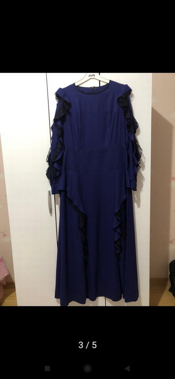 Lacivert Uzun Kollu  Kadın Abiye Elbise - Görsel 2