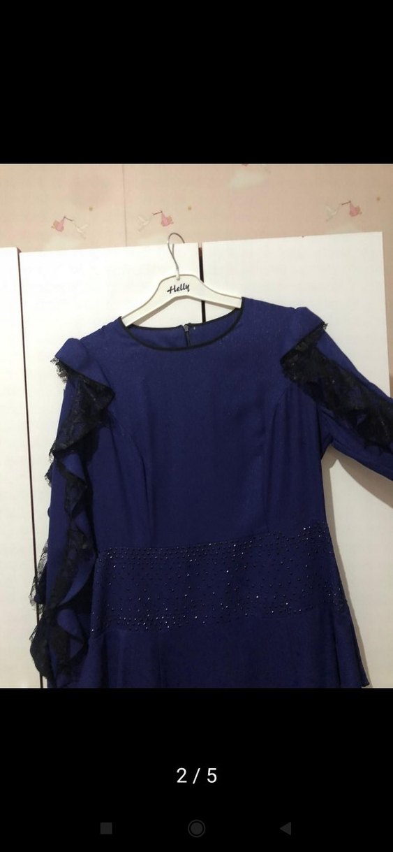 Lacivert Uzun Kollu  Kadın Abiye Elbise - Görsel 3