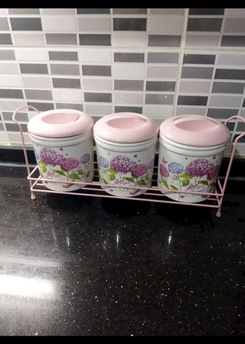 Pembe Kapaklı Çiçek Desenli Mutfak Kavanoz Seti - Görsel 2