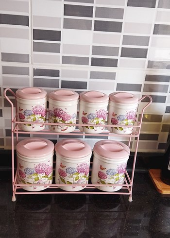 Pembe Kapaklı Çiçek Desenli Mutfak Kavanoz Seti - Görsel 3