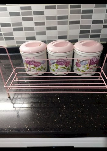 Pembe Kapaklı Çiçek Desenli Mutfak Kavanoz Seti - Görsel 4