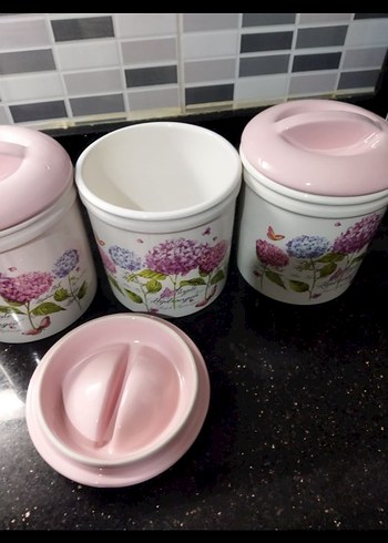 Pembe Kapaklı Çiçek Desenli Mutfak Kavanoz Seti - Görsel 7