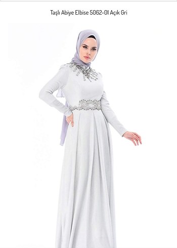 Taşlı Açık Gri Uzun Kol Tesettür Abiye Elbise - Görsel 2