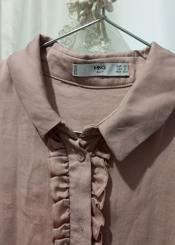 Bej Keten Kadın Bluz, Fırfırlı, Uzun Kollu - Görsel 2