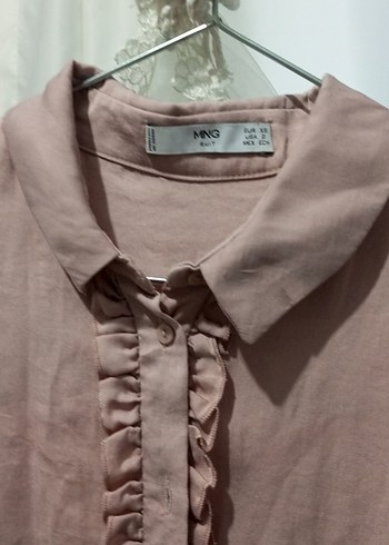 Bej Keten Kadın Bluz, Fırfırlı, Uzun Kollu - Görsel 3