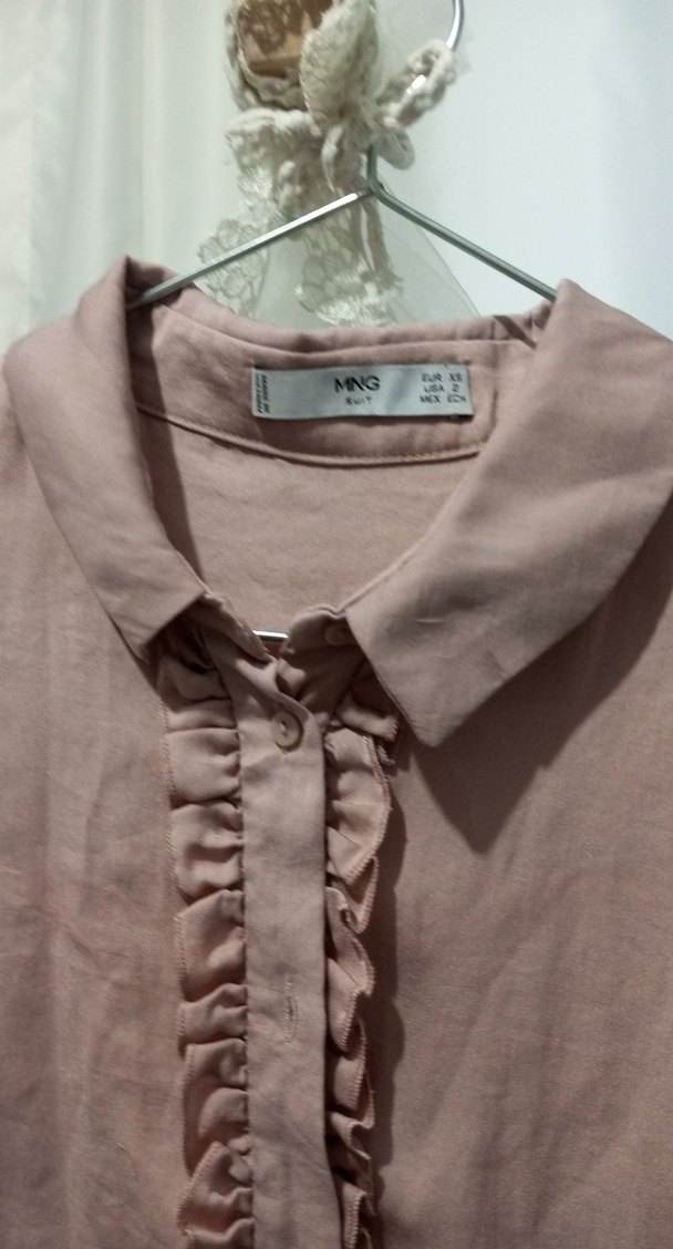 Bej Keten Kadın Bluz, Fırfırlı, Uzun Kollu - Görsel 3