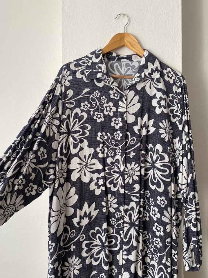 Gri Bohem Çiçek Desenli Uzun Kollu Gömlek Tunik - Görsel 2
