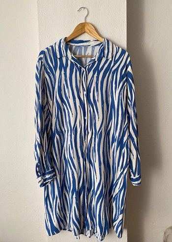 Mavi Zebra Desenli Uzun Kollu Kadın Gömlek Tunik