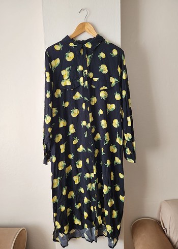 LC Waikiki Sarı Limon Desenli Siyah Uzun Kollu Salaş Tunik/Elbise