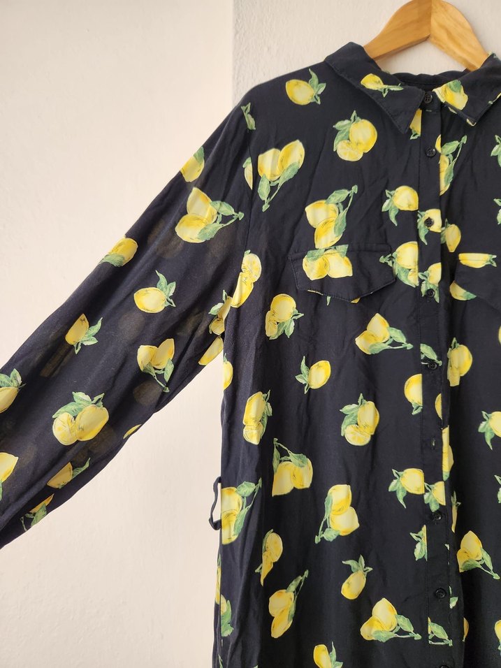 Sarı Limon Desenli Siyah Uzun Kollu Salaş Tunik/Elbise - Görsel 3