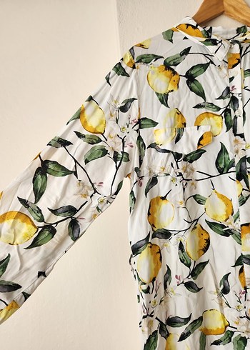 xxl Beden Sarı Limon Desenli Beyaz Uzun Kollu Salaş Tunik/Elbise