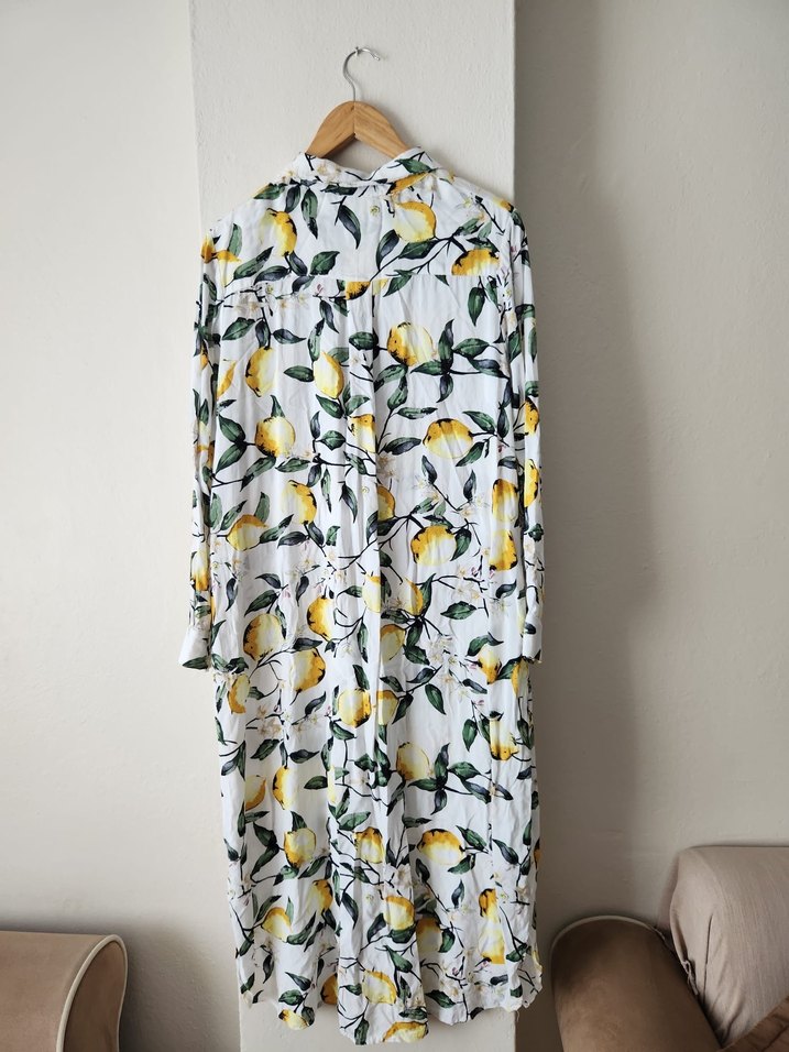 Sarı Limon Desenli Beyaz Uzun Kollu Salaş Tunik/Elbise - Görsel 2