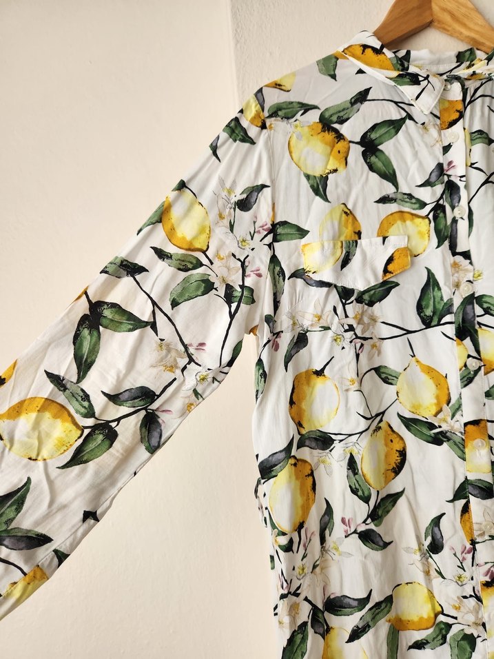 Sarı Limon Desenli Beyaz Uzun Kollu Salaş Tunik/Elbise - Görsel 3