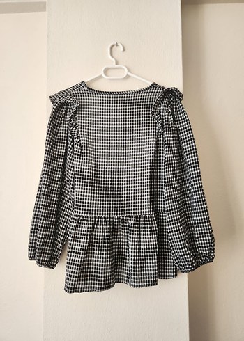 Siyah Beyaz Kareli Volanlı Bağlamalı Bluz - Görsel 3